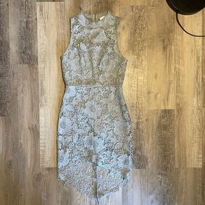 Astr Grey Blue Halter Hi-Low Floral Lace Sheath Cocktail Dress